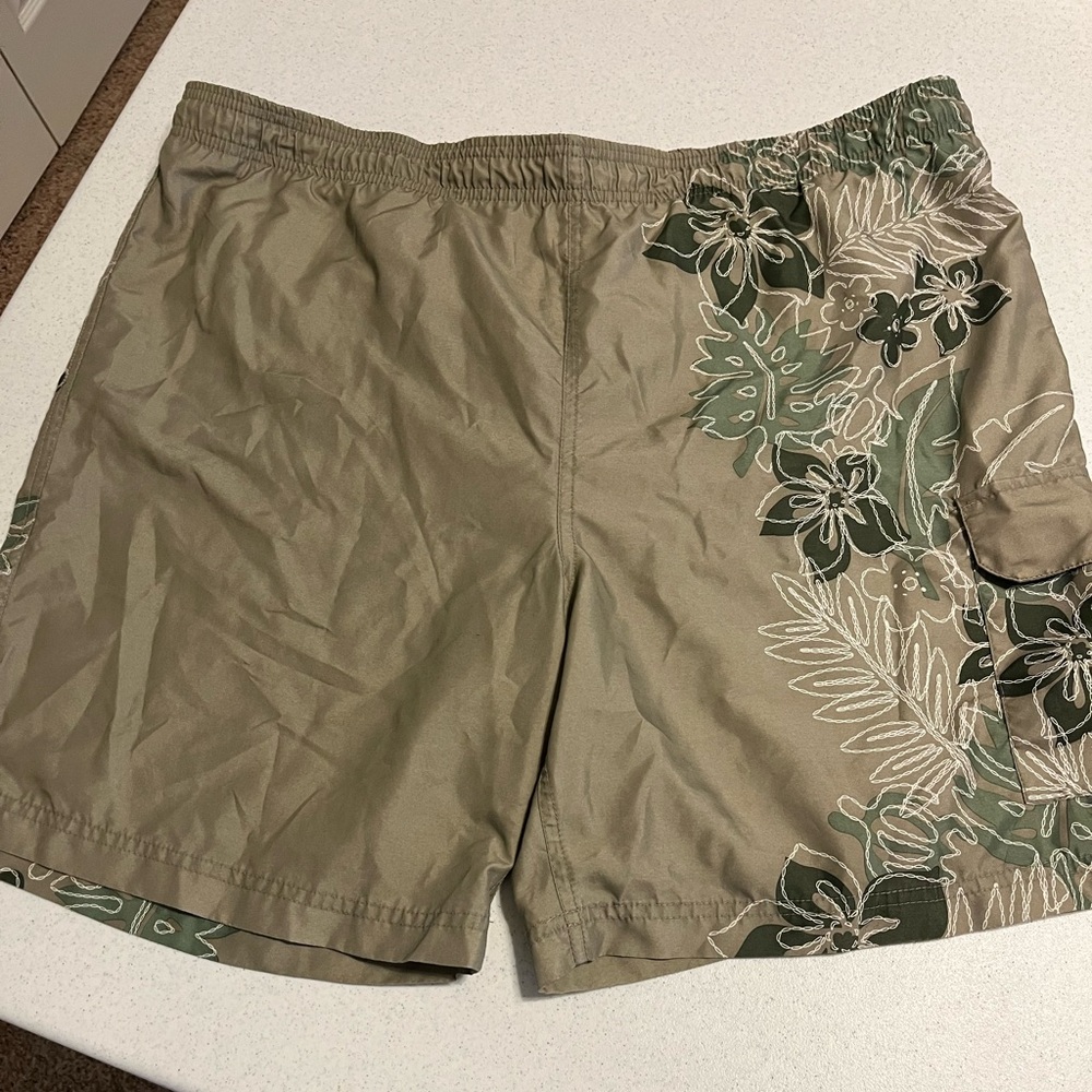Floral Patterned Olive Swim Trunks